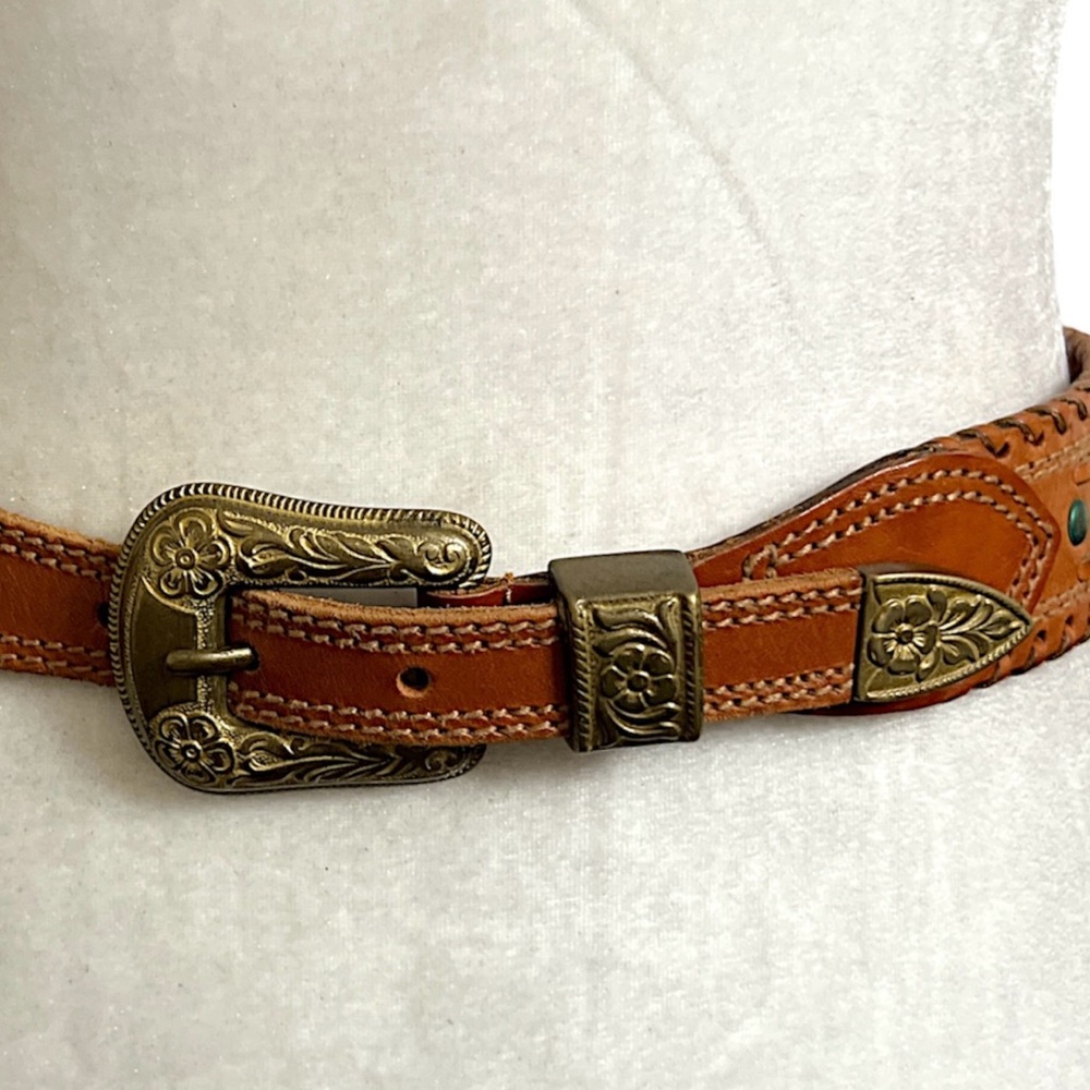 Vintage DKNY Western Leather Belt Whipstitch Boho Y2K Floral Buckle - Picture 6 of 10